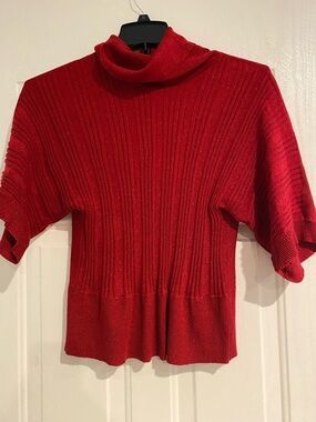 Adrienne Vittadini Red Ribbed Short-Sleeve Turtleneck Sweater